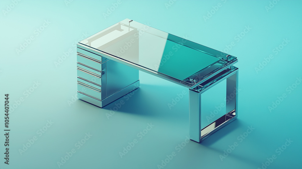 Modern glass-top desk with chrome frame and drawers, illustration art Modern glass-top desk with chrome frame and drawers, illustration art