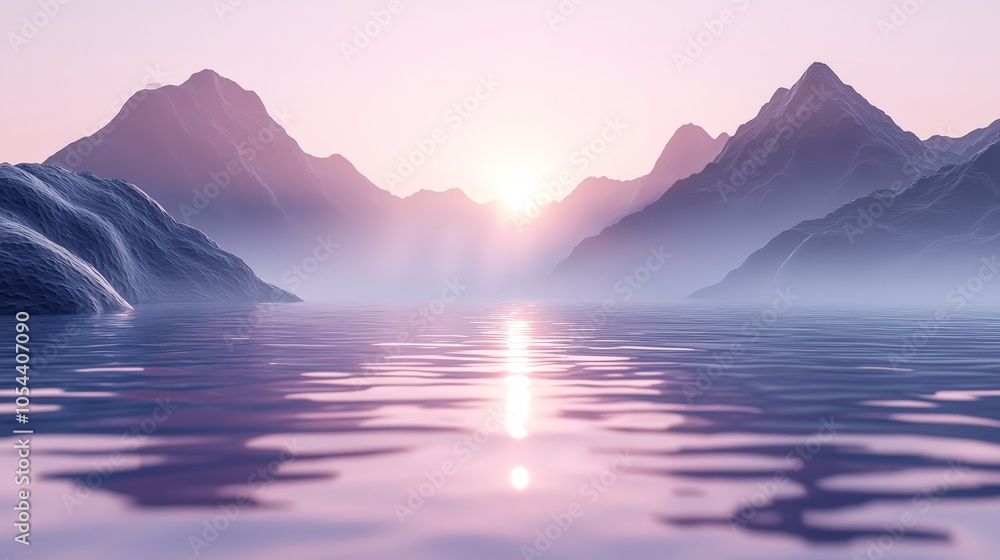 Serene sunset over misty mountains reflecting in calm water. Serene sunset over misty mountains reflecting in calm water.
