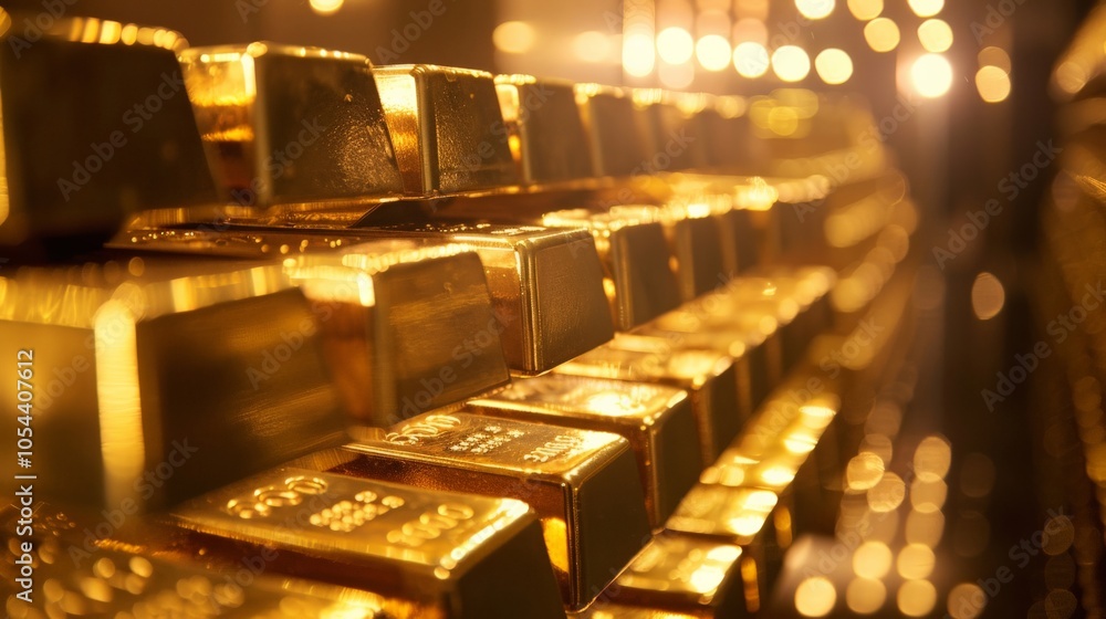 Stack of gold bars in a secure vault reflecting soft overhead lights Stack of gold bars in a secure vault reflecting soft overhead lights
