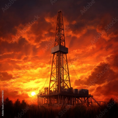 A dramatic sunset behind an oil drilling rig silhouetted against the sky.