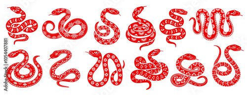 2025 Chinese lunar New Year snake reptiles for Asian holiday decoration, vector icons. Red snakes or serpent vipers in twirl circle with floral ornament for 2025 year calendar and Chinese New Year