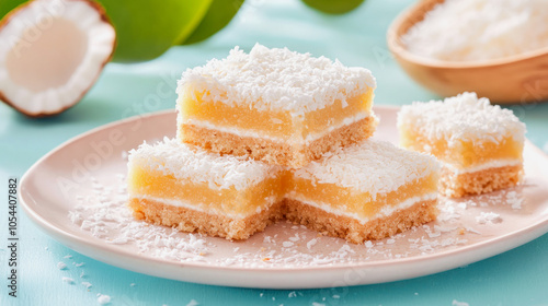 Delicious and sweet coconut bars on a light blue table surrounded by fresh coconut, highlighting a tropical dessert experience