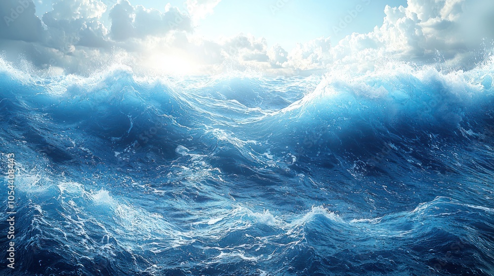 A panoramic view of the ocean with blue waves crashing under a partly cloudy sky