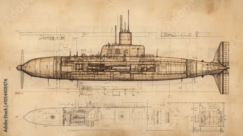 Wallpaper Mural This detailed technical blueprint of a submarine includes intricate schematics of various components, showcasing engineering precision and design functionality in naval architecture. Torontodigital.ca