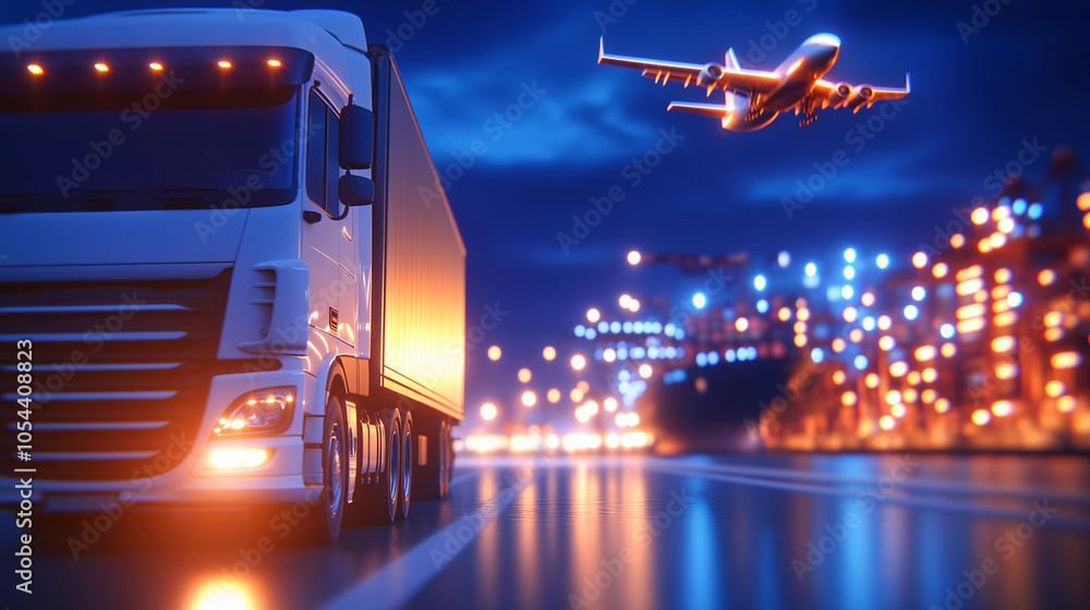 Cargo Truck and Airplane on Highway at Night with City Lights Cargo Truck and Airplane on Highway at Night with City Lights