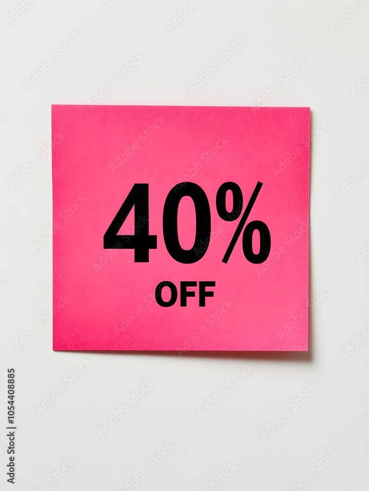 Black '40% OFF' Text on a Pink Square Paper Note. White Background Black '40% OFF' Text on a Pink Square Paper Note. White Background