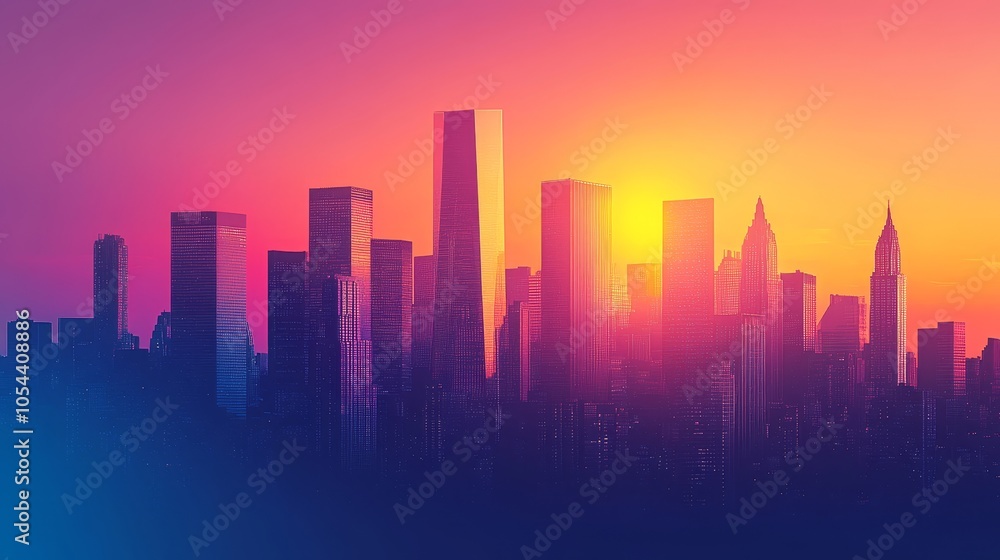 This image captures a vibrant urban city skyline with tall buildings juxtaposed against a brilliant and colorful sunset backdrop, creating a breathtaking view. This image captures a vibrant urban city skyline with tall buildings juxtaposed against a brilliant and colorful sunset backdrop, creating a breathtaking view.