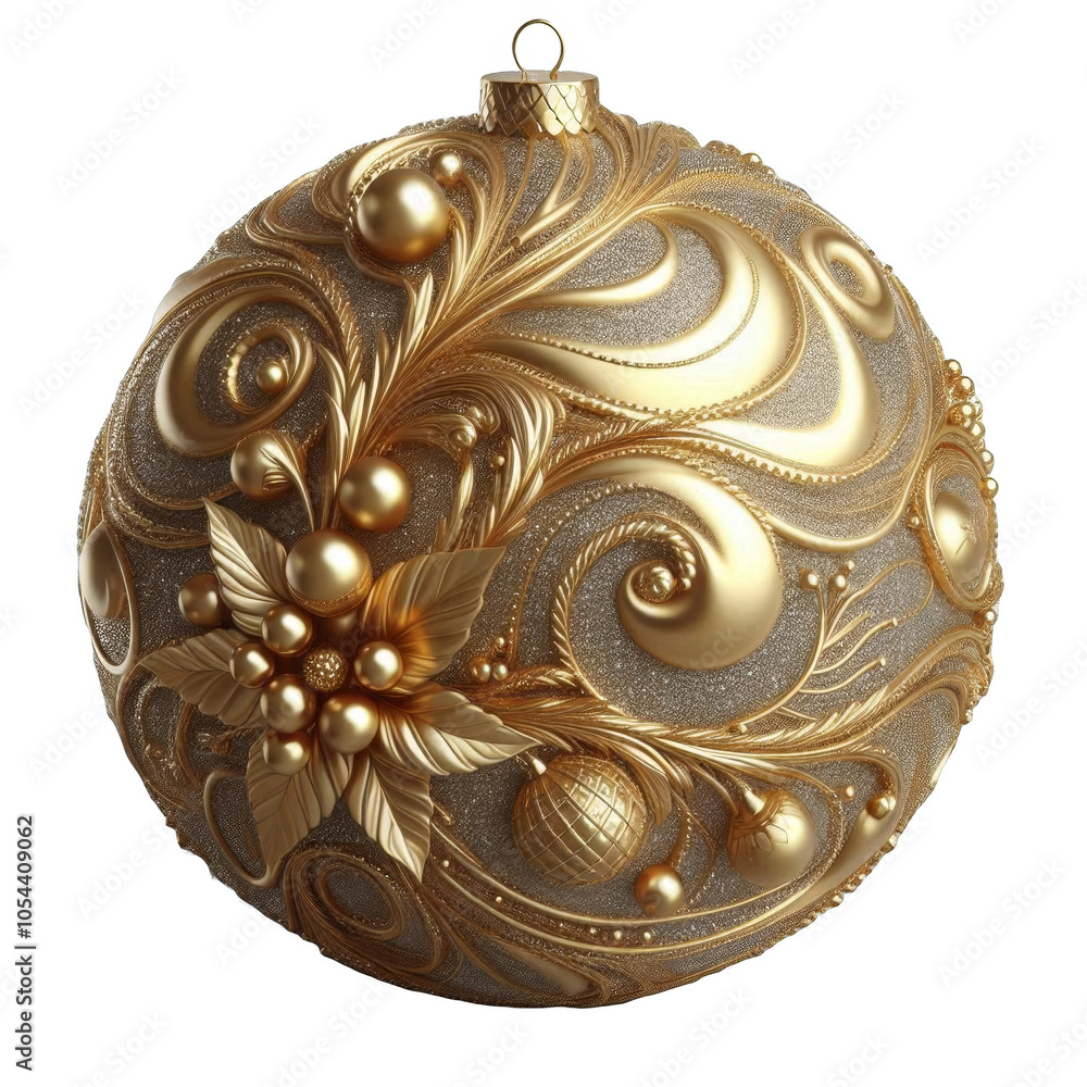 Festive Christmas ornaments in gold , hanging with glitter details. Isolated on transparent background Festive Christmas ornaments in gold , hanging with glitter details. Isolated on transparent background