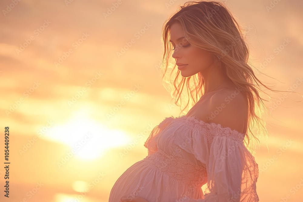 Pregnant woman at golden hour near the ocean silhouetted against a glowing sunset symbolizing peace natural beauty and the intimate connection with nature in motherhood Pregnant woman at golden hour near the ocean silhouetted against a glowing sunset symbolizing peace natural beauty and the intimate connection with nature in motherhood