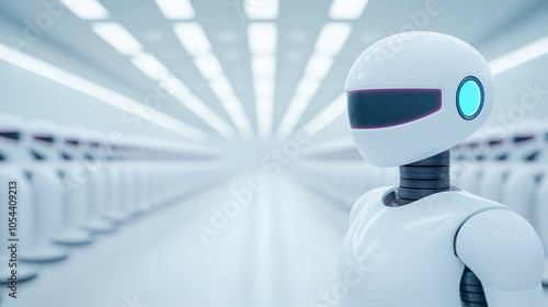 Futuristic white robots lined up with focus on one face, representing artificial intelligence, technology, and innovation in modern design photo