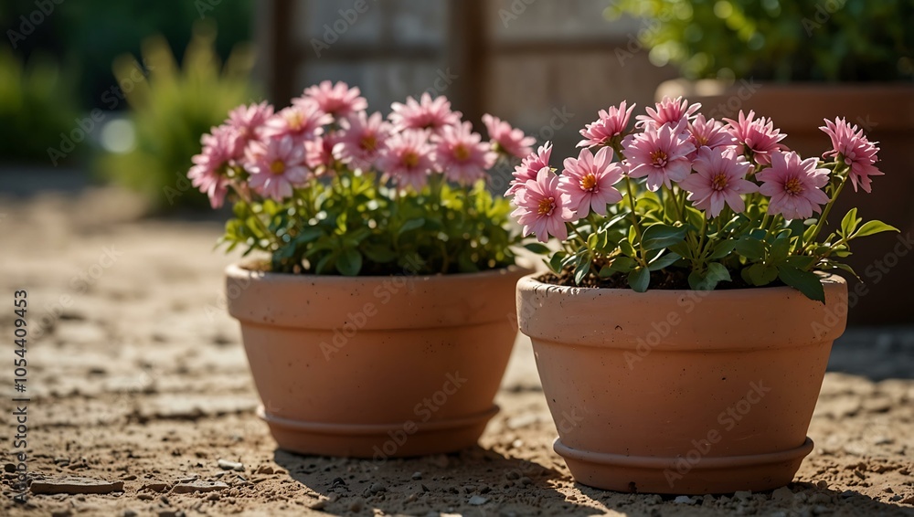 Pink flowers in a clay pot, garden decor. Pink flowers in a clay pot, garden decor.