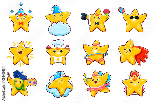 Cute kawaii star characters, cartoon little twinkle and superstar vector personages. Funny clown, super hero, queen, fairy and artist star characters sleeping, doing selfie and sport exercises