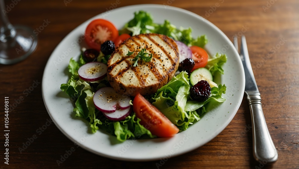 Plate of food with a salad on a table. Plate of food with a salad on a table.