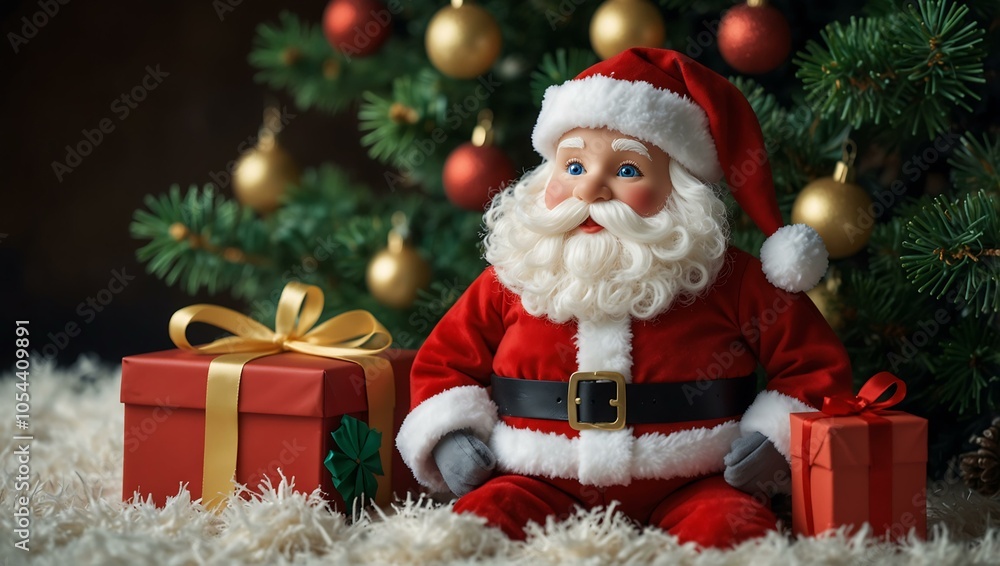 Playful Santa doll under a Christmas tree with gifts. Playful Santa doll under a Christmas tree with gifts.