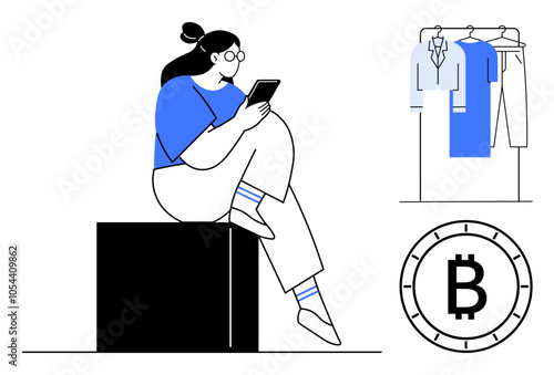 Woman seated using smartphone. Clothes hanging on rack. Bitcoin currency symbol emphasizes financial aspect. Ideal for online shopping, cryptocurrency, e-commerce, digital payments, financial