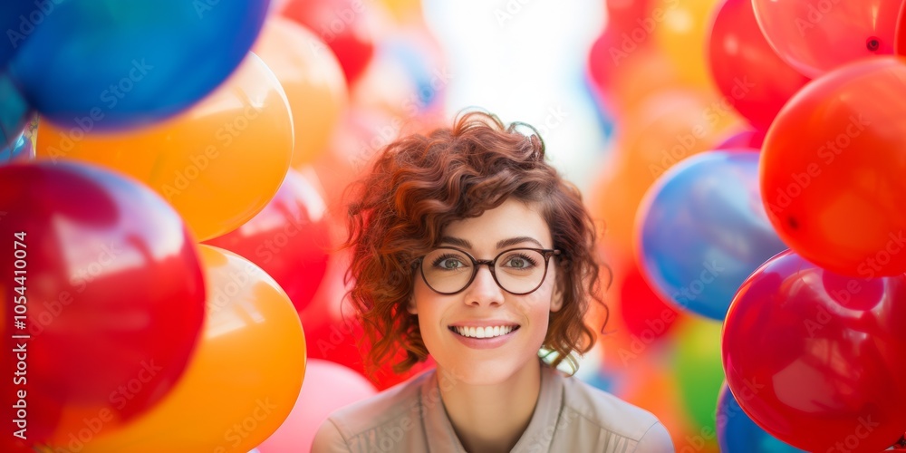 Obraz premium Portrait of beautiful woman with inflatable rainbow balloons. Generative AI.