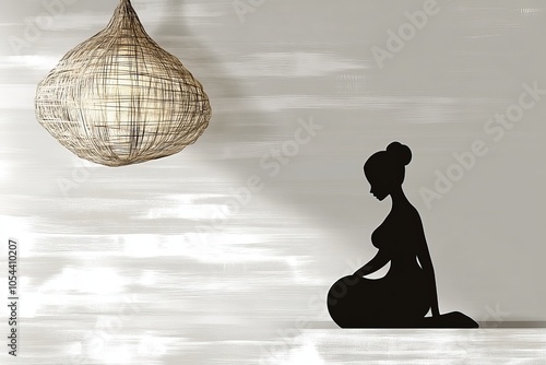 Minimalist silhouette of a seated woman meditating in grayscale tones evoking tranquility balance and mindfulness in a simple reflective composition