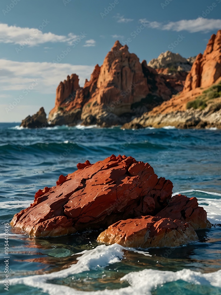 Naklejka premium Red rock centerpiece in ocean scenery.
