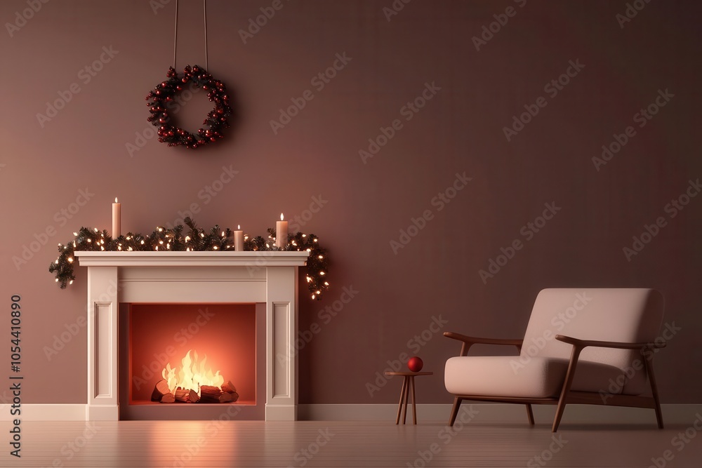 Cozy fireplace with a mantle adorned with holiday decor, glowing warmth in a festive room, flat design illustration Cozy fireplace with a mantle adorned with holiday decor, glowing warmth in a festive room, flat design illustration