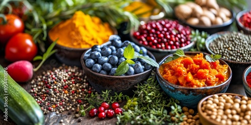 Healthy balanced food top view. Organically fresh fruits and vegetables on the table. Generative AI.