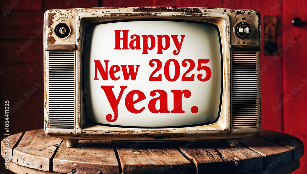 Old vintage tv with text Happy new 2025 year, festive template, retro, television, antique
