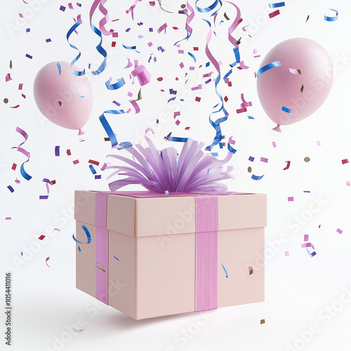 Pink gift box with bow, balloons, and confetti on white background, symbolizing celebration, gift-giving, and festive joy photo