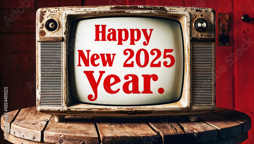 Obraz na płótnie Old vintage tv with text Happy new 2025 year, festive template, retro, television, antique w salonie