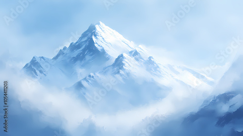 Wallpaper Mural A majestic snow-covered mountain peak enveloped in mist, creating a serene and mysterious natural landscape. Rugged Mountain Range. Illustration Torontodigital.ca