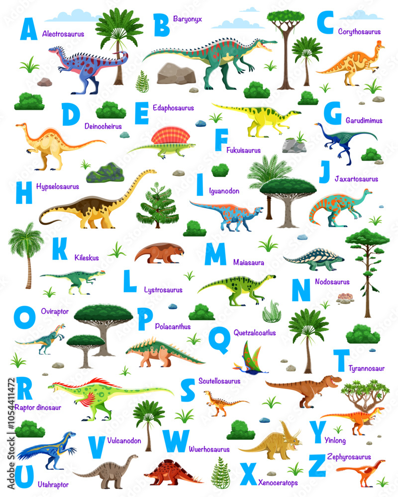 Dinosaur alphabet with cartoon dino animals and letters vector typography poster. Cute ABC set with jurassic dinosaur characters and prehistoric plants. Funny tyrannosaurus rex, vulcanodon and raptor Dinosaur alphabet with cartoon dino animals and letters vector typography poster. Cute ABC set with jurassic dinosaur characters and prehistoric plants. Funny tyrannosaurus rex, vulcanodon and raptor