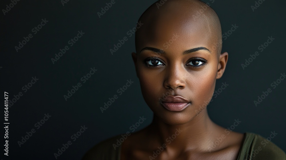 Portrait of a dark-skinned woman suffering from cancer after severe hair loss due to chemotherapy treatment Portrait of a dark-skinned woman suffering from cancer after severe hair loss due to chemotherapy treatment