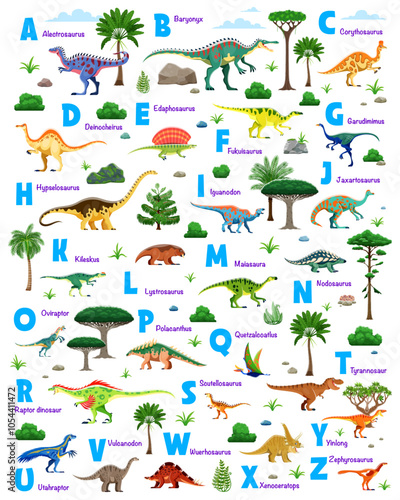 Dinosaur alphabet with cartoon dino animals and letters vector typography poster. Cute ABC set with jurassic dinosaur characters and prehistoric plants. Funny tyrannosaurus rex, vulcanodon and raptor