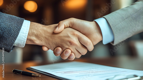 Two men shaking hands over a contract