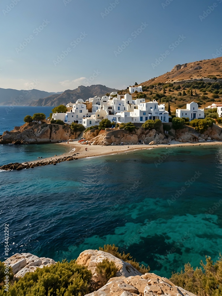 Naklejka premium Scenic view of a Greek island from a picturesque village.