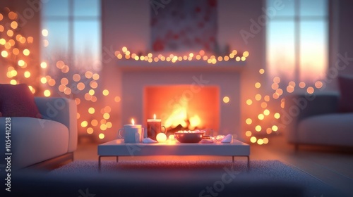 Crackling fireplace in a cozy living room, hot cocoa and holiday lights creating a warm glow, flat design illustration