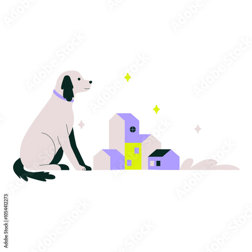 Dog sitting beside small homes representing loyalty, companionship, and pet friendly neighborhoods, flat vector illustration isolated on white background