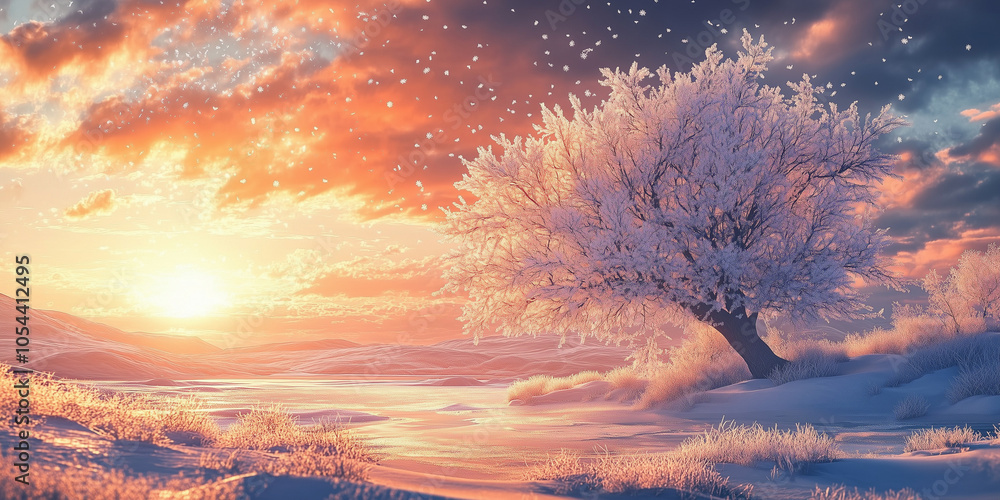 sunset in winter forest