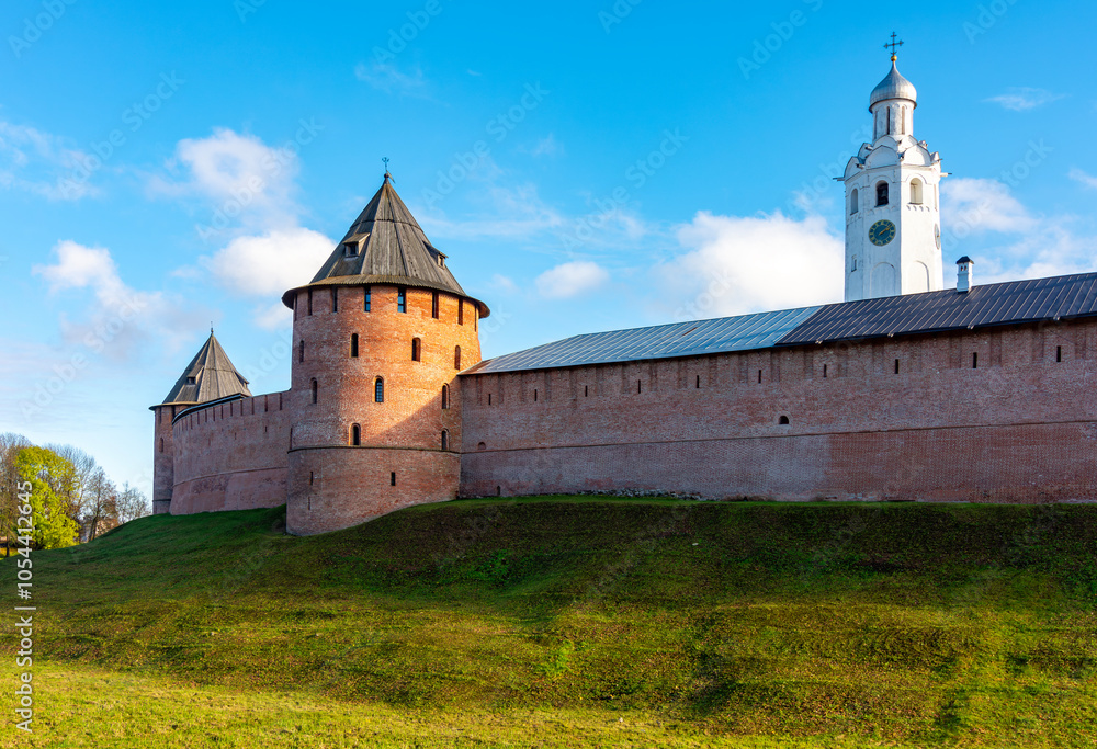 Walls and towers of Veliky Novgorod Kremlin in autumn, Russia Walls and towers of Veliky Novgorod Kremlin in autumn, Russia
