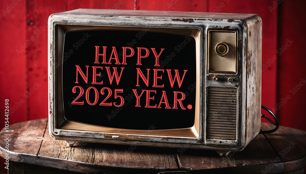 Old vintage tv with text Happy new 2025 year, festive template, retro, television, antique