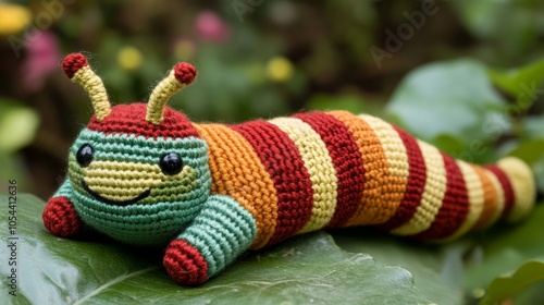 A vibrant, multicolored crocheted caterpillar with friendly eyes rests on a lush green leaf, showcasing the cheerful and imaginative side of handmade crafts.