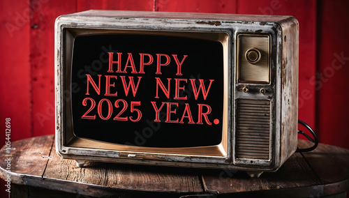 Obraz na płótnie Old vintage tv with text Happy new 2025 year, festive template, retro, television, antique w salonie