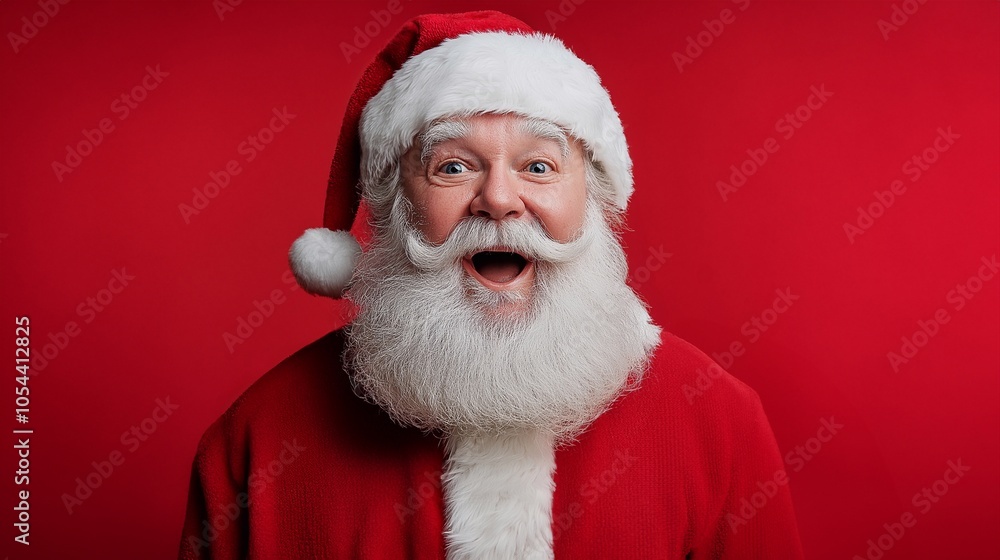 A cheerful surprising Santa Claus dressed in a traditional suit on a vibrant red background copy space. joyful, energetic expression. celebration of Merry Christmas and Happy New Year holiday season A cheerful surprising Santa Claus dressed in a traditional suit on a vibrant red background copy space. joyful, energetic expression. celebration of Merry Christmas and Happy New Year holiday season