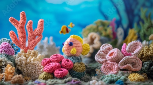 A colorful crochet fish amidst vibrant corals in a detailed undersea setting, depicting oceanic life with intricate artistry and a joyful ambiance. photo