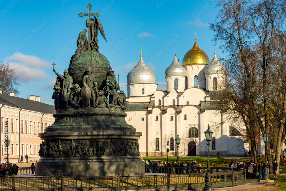 Millennium of Russia monument and Cathedral of St. Sophia in Novgorod Kremlin, Russia Millennium of Russia monument and Cathedral of St. Sophia in Novgorod Kremlin, Russia
