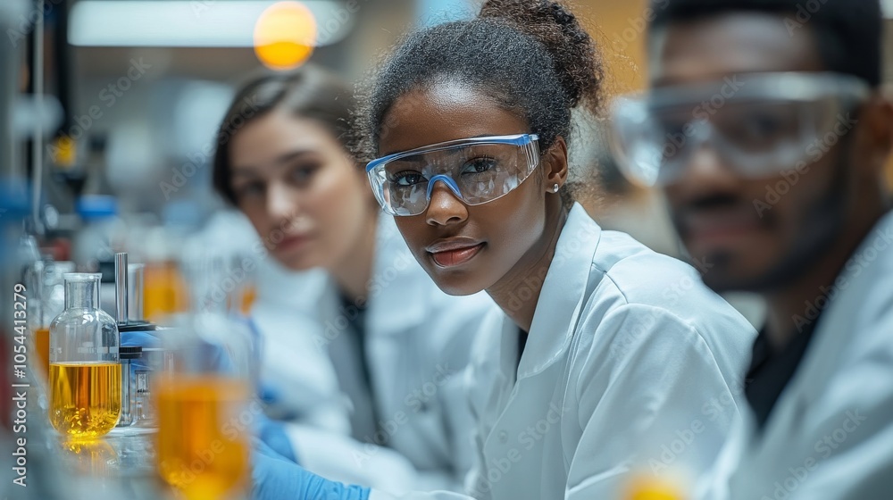 Diverse scientists collaborating in a laboratory during a research session on innovative solutions Diverse scientists collaborating in a laboratory during a research session on innovative solutions