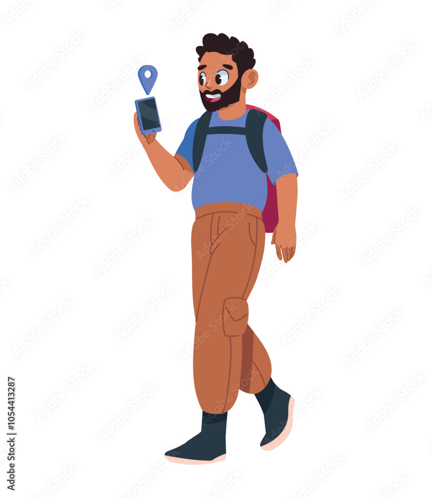 backpacker using gps in mobile phone backpacker using gps in mobile phone