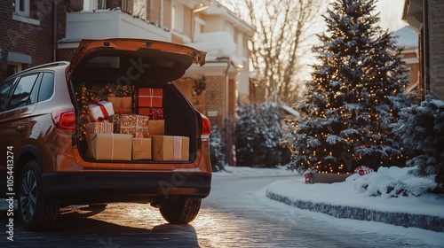 An open car trunk filled with wrapped Christmas presents, parked in front of a cozy house in welcoming suburban neighbourhood, a decorated new year snow street. holiday gift-giving winter celebration photo