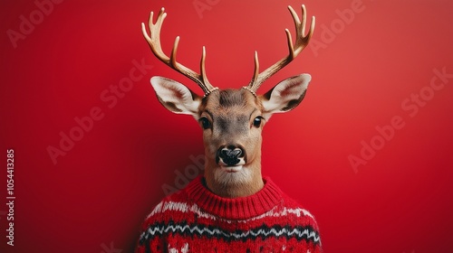 A minimalist and stylish fashionable deer wearing a cozy Christmas sweater on a bold red background with copy space. The festive charm and a trendy twist. Merry Christmas happy new year