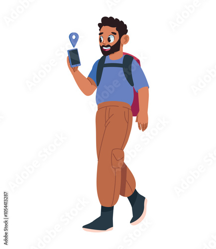 backpacker using gps in mobile phone