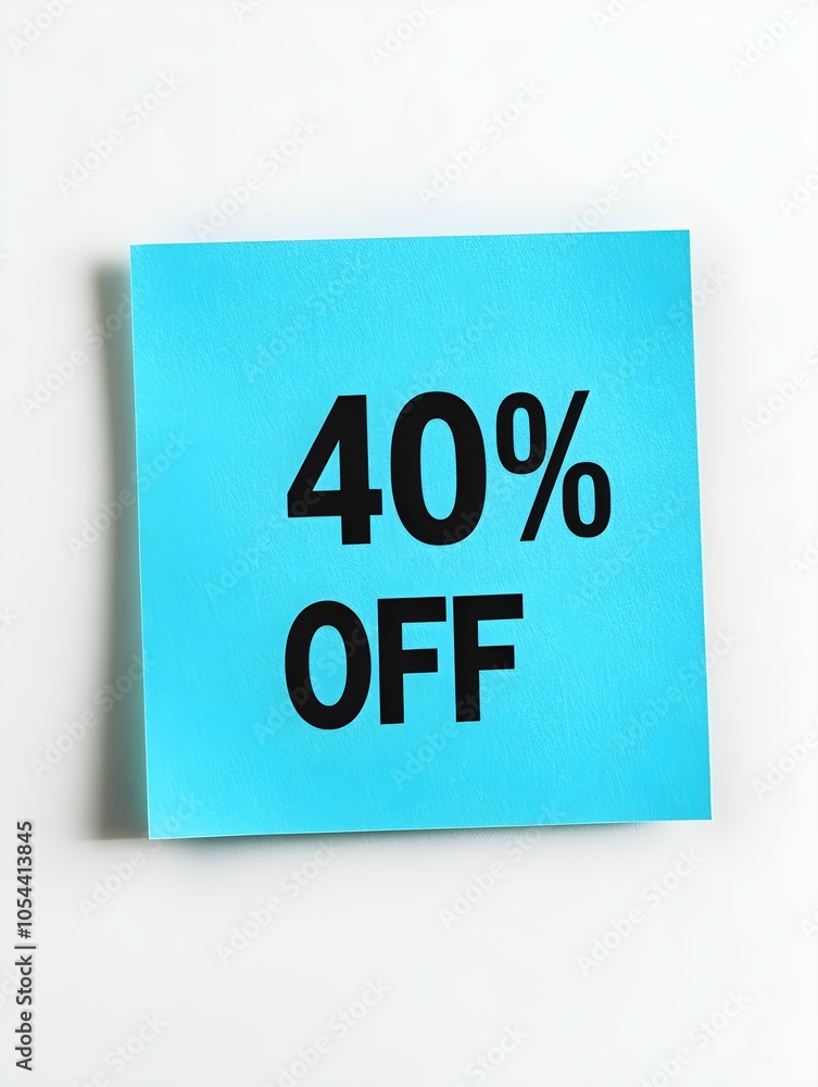 Black '40% OFF' Text on a Turquoise Square Paper Note. White Background Black '40% OFF' Text on a Turquoise Square Paper Note. White Background