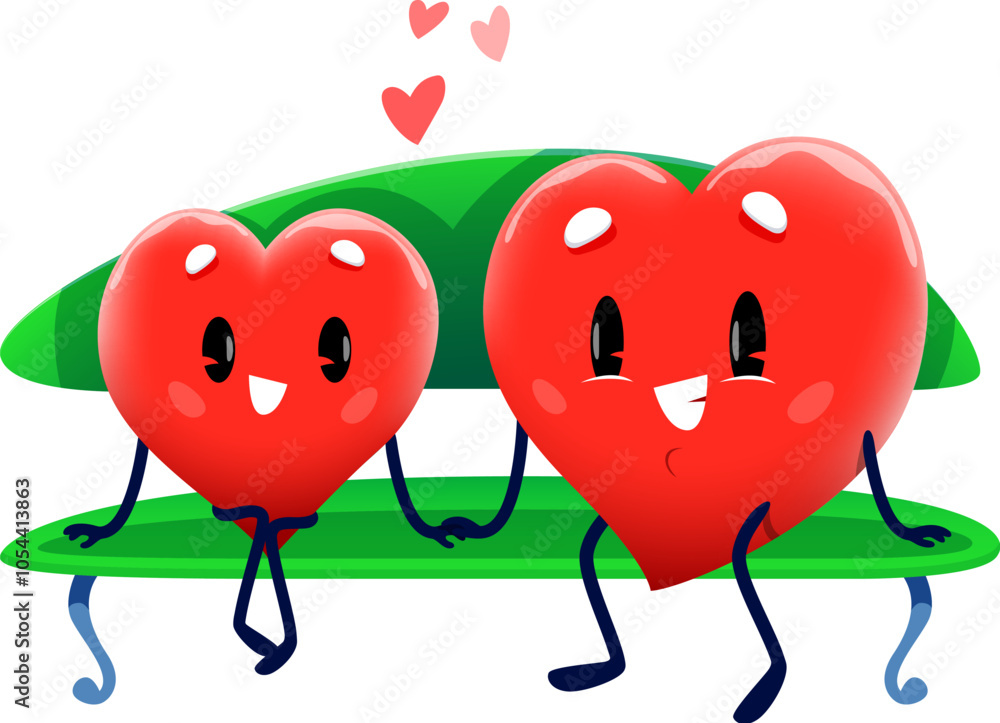 Cartoon cute couple of loving heart characters sitting on bench, vector emoji emoticons. Cheerful heart characters at romantic dating holding by hands and sitting on bench for Valentine day Cartoon cute couple of loving heart characters sitting on bench, vector emoji emoticons. Cheerful heart characters at romantic dating holding by hands and sitting on bench for Valentine day